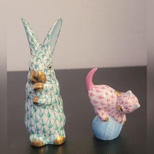 Herend Fishnet Green Rabbit & Pink Mischievous Cat Figurines 24K Gold Accents